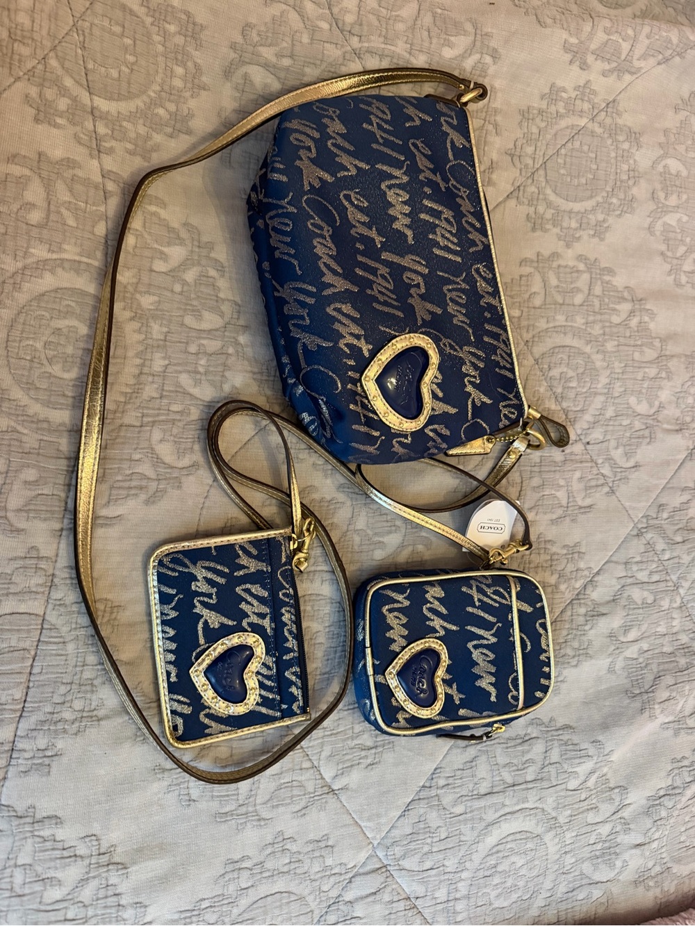 Coach Navy Script Trio Crossbody Set with Gold Hearts